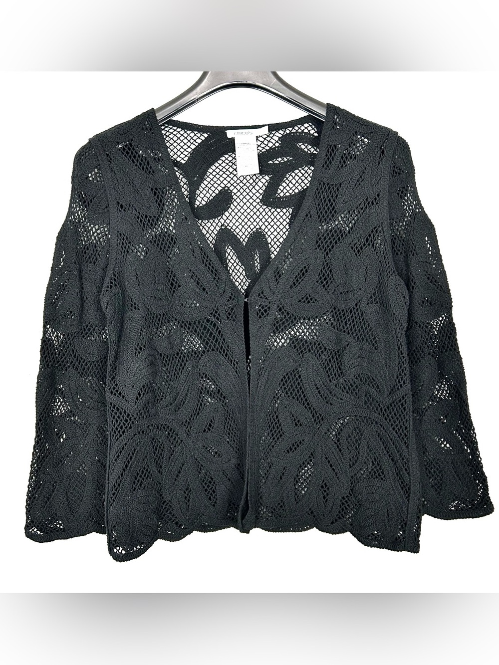 Chico’s Crochet Lace Cardigan Sweater Women’s Size M Open Knit Flared Sleeves